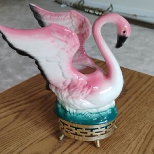 Vintage Pink Ceramic Swan Planter on Gold Ornate Base